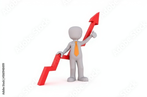 3d man red arrow success chart on white background.