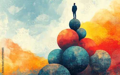 Dynamic illustration of a man perched on a tower of stacked balls, symbolizing the challenges of achieving balance and stability in daily life photo