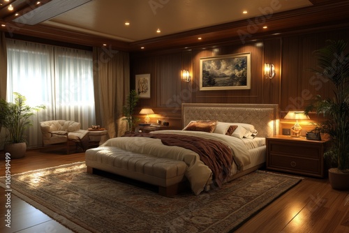 Luxurious Bedroom Interior Design with Wooden Walls  Recessed Lighting  and Elegant Bed