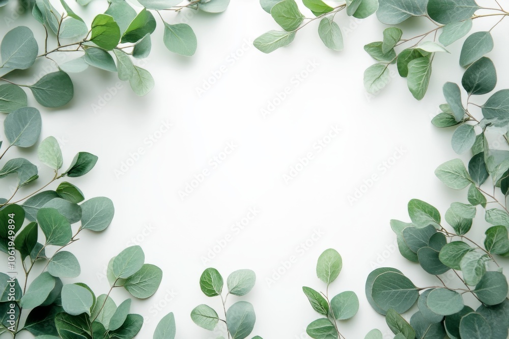 Green Eucalyptus Leaves Border Frame on White Background Green Eucalyptus Leaves Border Frame on White Background