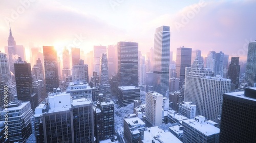 Majestic Sunrise Over Snowy City: A Glittering Winter Wonderland