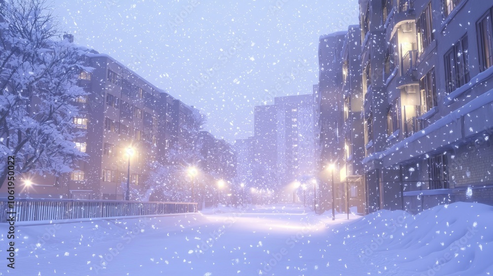 Enchanting Winter Evening in the City: Magical Snowy Urban Landscape at Dusk with Soft Glowing Lights and Falling Snowflakes - Ultra-Detailed Enchanting Winter Evening in the City: Magical Snowy Urban Landscape at Dusk with Soft Glowing Lights and Falling Snowflakes - Ultra-Detailed