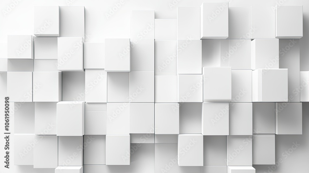Elegant white monochrome cubes arranged in a 3D pattern, with a clear section for text or product displays in the center. Elegant white monochrome cubes arranged in a 3D pattern, with a clear section for text or product displays in the center.