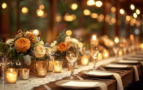 A captivating closeup of a wedding reception table decorated in rustic boho style, highlighting intricate lace details, warm lighting, and earthy decor