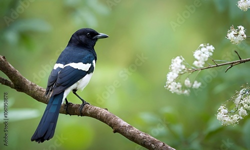 Close-up portrait of a black-billed magpie (Pica hudsonia) perched on a bare tree branch photo