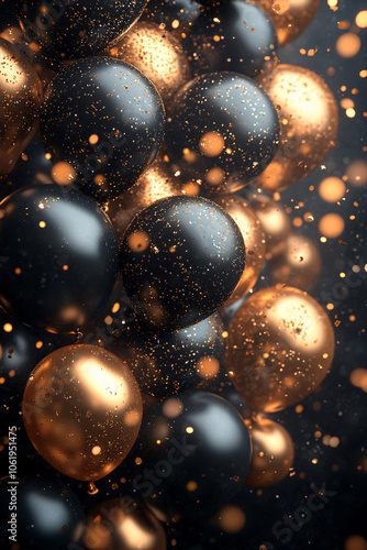 Black and gold balloons with glitter and stars on a smooth, deep black background, creating a luxurious and celebratory atmosphere. Ideal for events such as new year's or milestone celebrations.