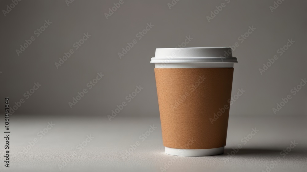 Stylish brown disposable coffee cup on minimalist background Stylish brown disposable coffee cup on minimalist background