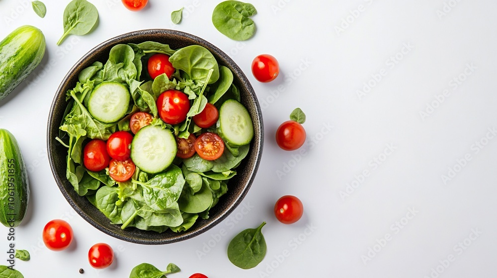 Salad bowl with spinach, cherry tomatoes, lettuce, cucumber and many more vegetables isolated on white background Salad bowl with spinach, cherry tomatoes, lettuce, cucumber and many more vegetables isolated on white background