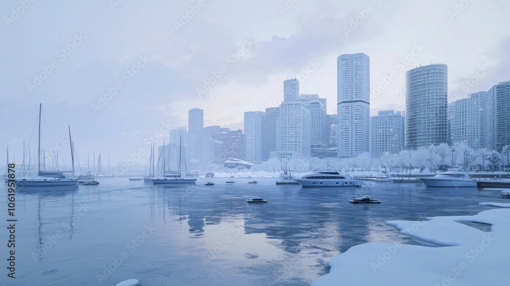 Fototapeta premium Tranquil Winter Scene: Snowy Waterfront with Boats in Icy Harbor Reflecting City Skyline | Ultra-Detailed Winter Cityscape Photography