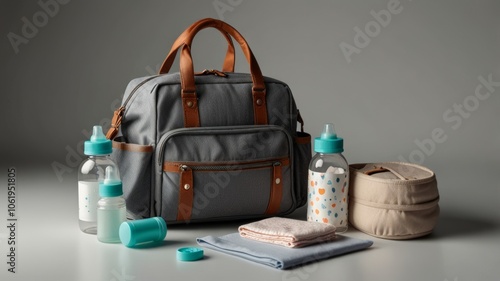 Stylish composition of diaper bag with bottles, fabrics and accessories on light background