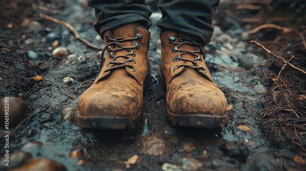 Mud-covered hiking boots on wet, rugged trail, highlighting perseverance and adventurous spirit in challenging outdoor terrain. Mud-covered hiking boots on wet, rugged trail, highlighting perseverance and adventurous spirit in challenging outdoor terrain.
