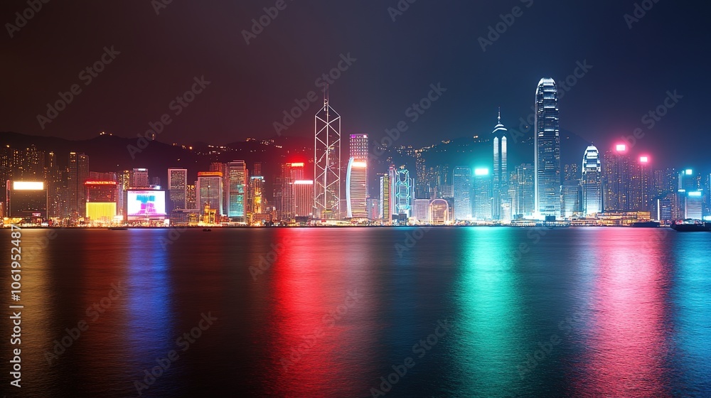 Fototapeta premium Vibrant City Skyline with Neon Lights at Night