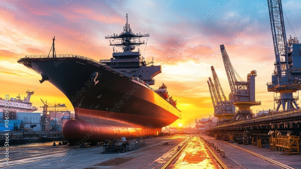 Fototapeta premium Majestic Ship at Sunset in Dockyard Setting