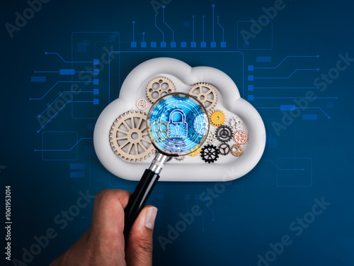 Cloud computing infrastructure technology, security data system storage service concept. Digital safety padlock in magnifying glass, on cloud with many gears and cogwheel, circuit blue background.