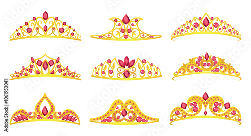 Wallpaper Mural Princess crowns tiara icon set. Beautiful golden jewels with precious stones. Precious head accessory. Headdress in flat design isolated on white background Torontodigital.ca