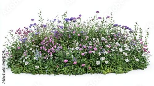 Small patch of blooming wildflowers in a garden isolated on white background