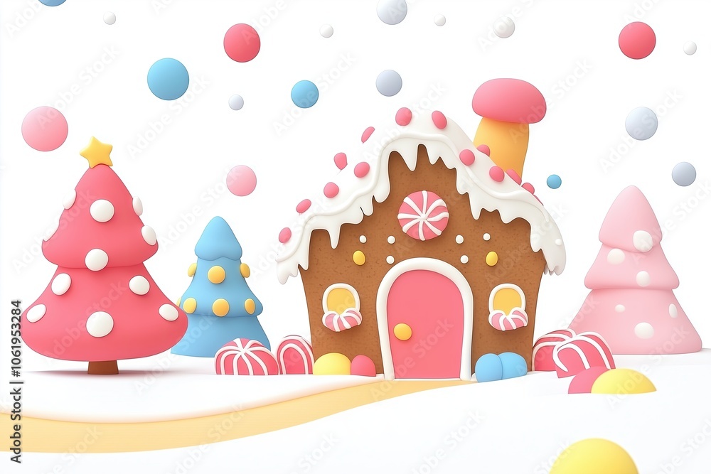 Whimsical gingerbread house with pastel candy christmas trees in a winter wonderland Whimsical gingerbread house with pastel candy christmas trees in a winter wonderland