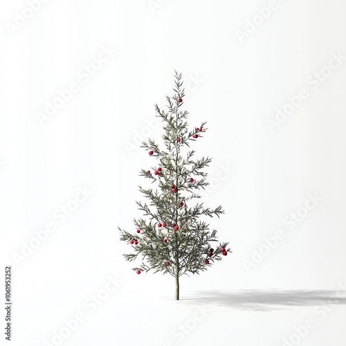 Sapin de Noël minimaliste avec aiguilles vertes sur fond blanc immaculé.