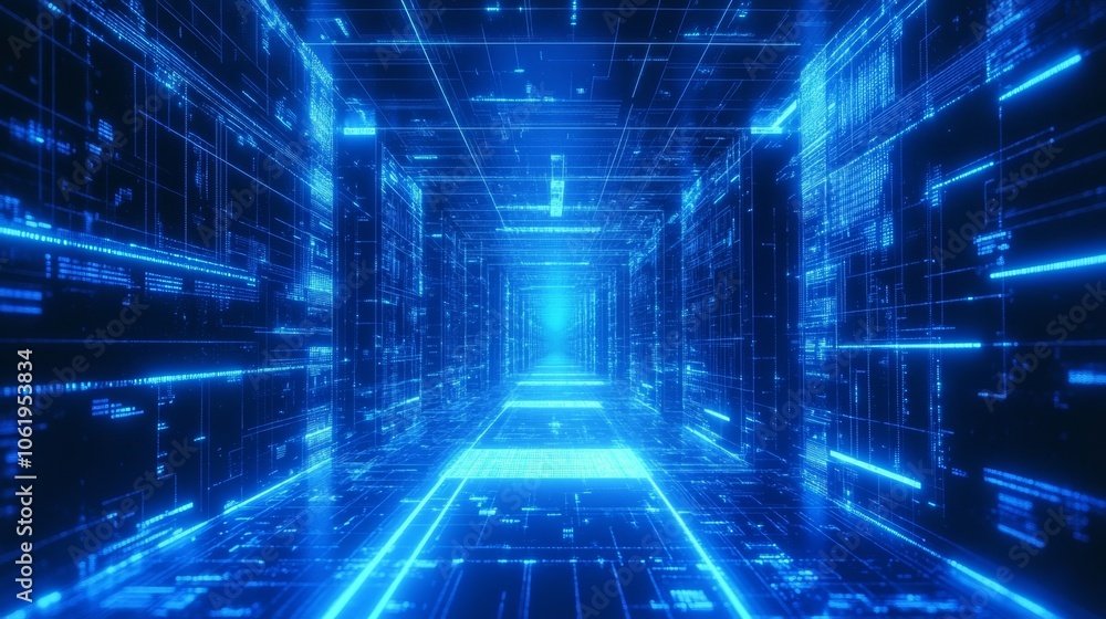 Illuminated Futuristic Digital Grid Network with Particle Connections - Abstract Technology Background Illuminated Futuristic Digital Grid Network with Particle Connections - Abstract Technology Background
