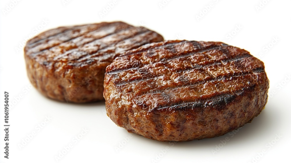 Two grilled hamburger patties isolated on white. Two grilled hamburger patties isolated on white.