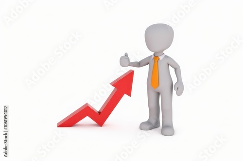 3d man red arrow success chart on white background.