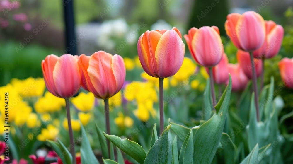Spring flower garden in full bloom with vibrant colors and green foliage on white Spring flower garden in full bloom with vibrant colors and green foliage on white