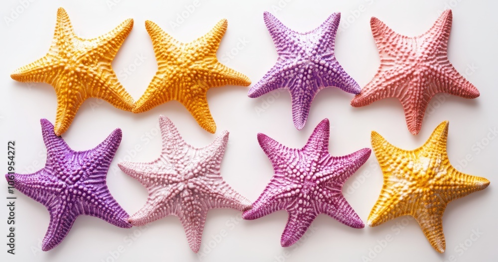 Vibrant starfish in various colors on a white background Vibrant starfish in various colors on a white background