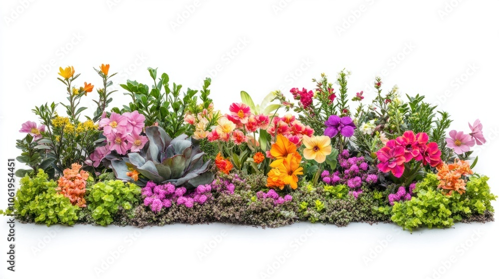 Spring garden scene with a mix of vibrant flowers isolated on white Spring garden scene with a mix of vibrant flowers isolated on white