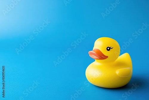 Yellow rubber duck on blue background with space