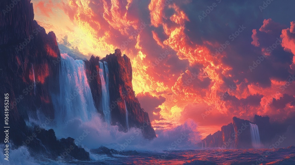 Fototapeta premium Majestic Waterfalls Under Vibrant Sunset Skies