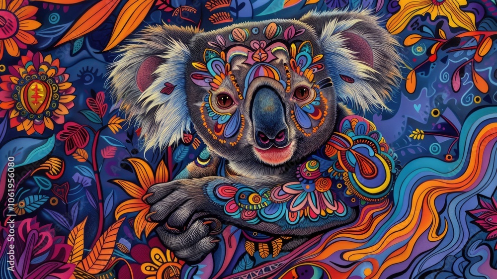 Fototapeta premium Colorful psychedelic koala in vibrant floral jungle art,,Australia day