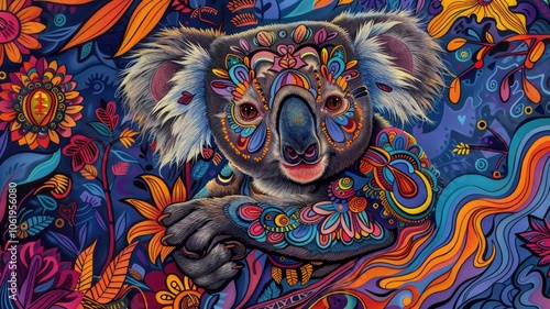 Wallpaper Mural Colorful psychedelic koala in vibrant floral jungle art,,Australia day Torontodigital.ca