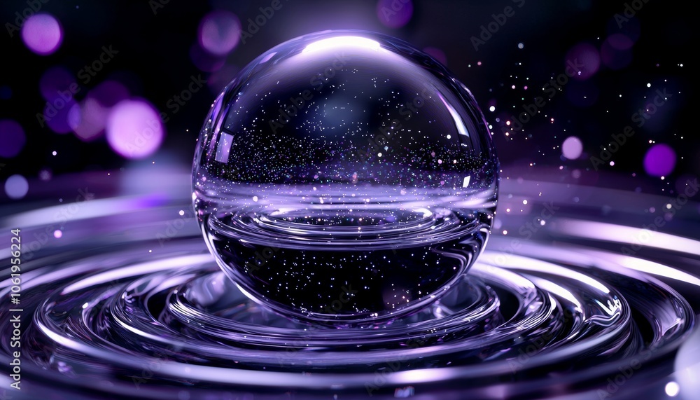 A mesmerizing close-up of a water droplet creating ripples, surrounded by a luminous purple background, evoking a sense of calm and tranquility.