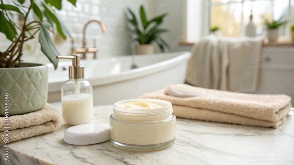 A modern bathroom countertop with a glass jar of cream, a towel and a soap dispenser on a marble surface. A green plant in a ceramic pot adds freshness to a bright and clean environment, reflecting th A modern bathroom countertop with a glass jar of cream, a towel and a soap dispenser on a marble surface. A green plant in a ceramic pot adds freshness to a bright and clean environment, reflecting th