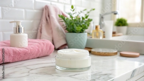 A modern bathroom countertop with a glass jar of cream, a towel and a soap dispenser on a marble surface. A green plant in a ceramic pot adds freshness to a bright and clean environment, reflecting th