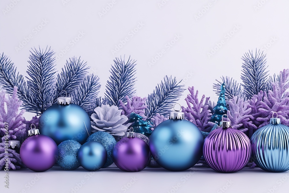 Elegant Blue and Purple Christmas Ornament Arrangement with Pine Garland : Generative AI Elegant Blue and Purple Christmas Ornament Arrangement with Pine Garland : Generative AI