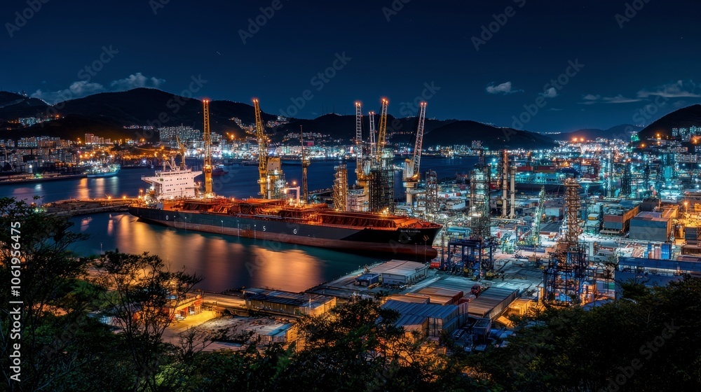 Obraz premium Night View of Industrial Port with Ships and Cranes