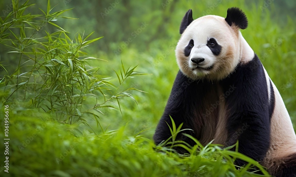 Portrait of a cute panda. Close-up of a panda relaxing against a blooming jungle backdrop Portrait of a cute panda. Close-up of a panda relaxing against a blooming jungle backdrop