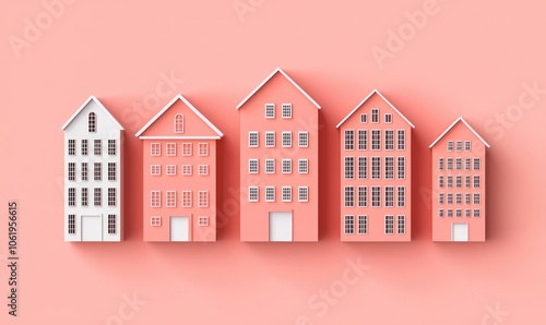 A collection of colorful miniature houses on a soft coral background, showcasing different architectural styles.