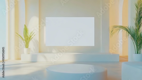 Screen mockup, front view, 3d rendering. Empty telly plasma display in living room mockup, with mini plants 