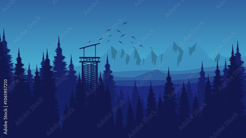 Obraz premium nature blue mountain landscape with forest jungle silhouette vector illustration design good for wallpaper, advertising, ads, background, and business