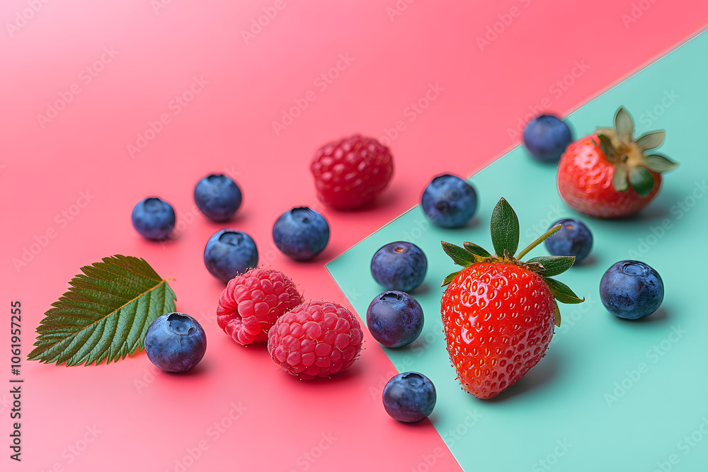 Fresh raspberries, blueberries and strawberries on colorful background Fresh raspberries, blueberries and strawberries on colorful background