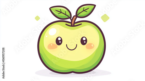 Cute pastel illustration of a smiling apple with leafy green accents in a cheerful style