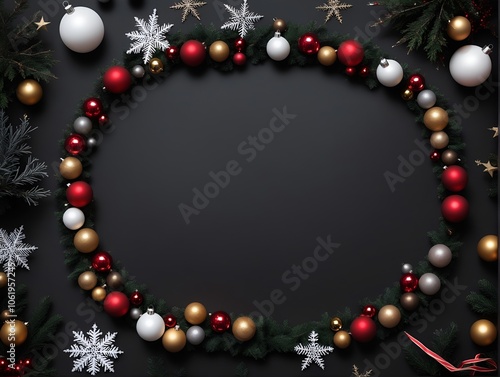 a festive wreath arranged in an oval shape on a dark background. The wreath is decorated with Christmas ornaments, including baubles in red, gold, and white colors