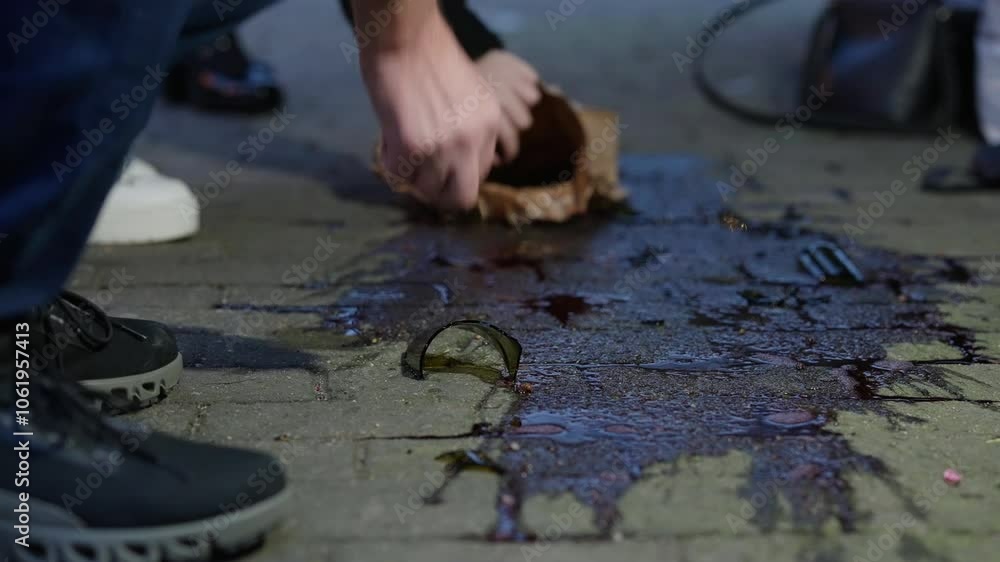 Close-up of female hands collecting broken glass from bottle in paper bag. An unsettling and chaotic scene with spilled red wine and broken glass scattered all over the ground. Close-up of female hands collecting broken glass from bottle in paper bag. An unsettling and chaotic scene with spilled red wine and broken glass scattered all over the ground.