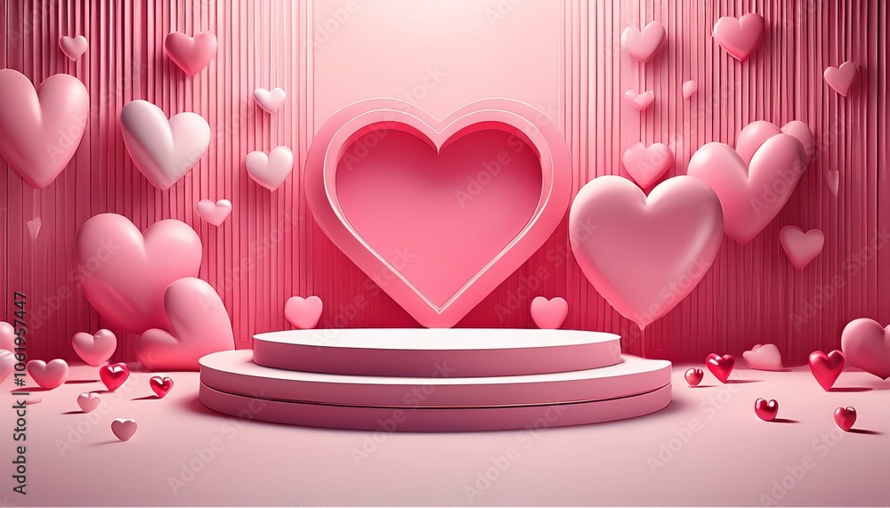 3D vector illustration of a pink room with a podium and heart decorations, perfect for a Valentine's Day product showcase or promotional display 3D vector illustration of a pink room with a podium and heart decorations, perfect for a Valentine's Day product showcase or promotional display