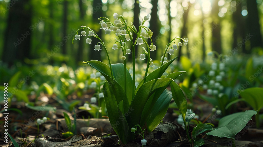 Obraz premium A lush green forest with a lot of flowers and leaves. The sunlight is shining through the trees, creating a peaceful and serene atmosphere. 