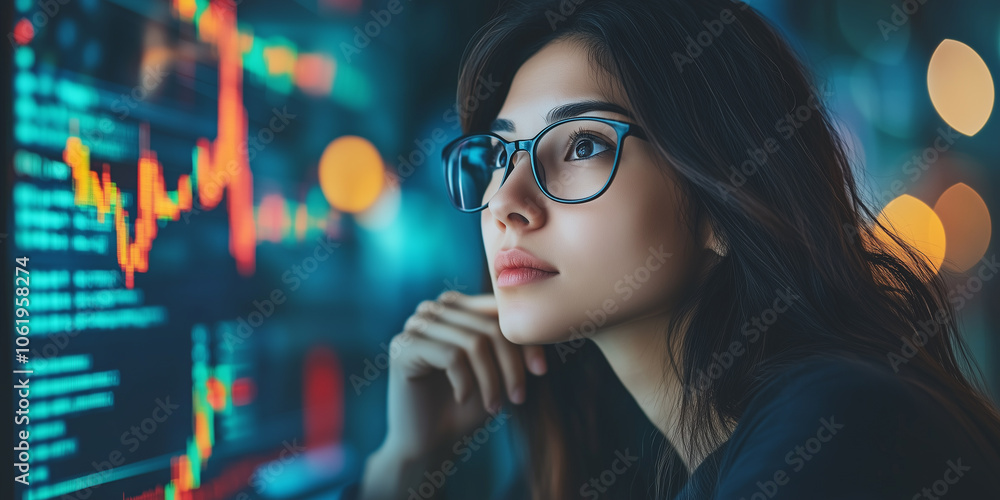 focused female programmer in glasses is surrounded by computer screens displaying code and data, highlighting her concentration and expertise in tech environment focused female programmer in glasses is surrounded by computer screens displaying code and data, highlighting her concentration and expertise in tech environment