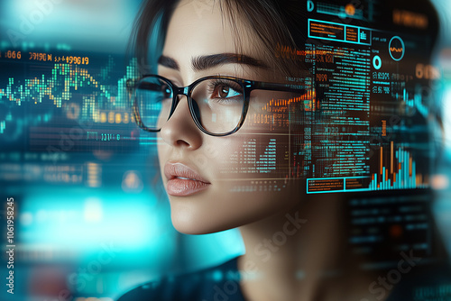 focused female programmer in glasses surrounded by code and data visualizations, deeply engaged in her work