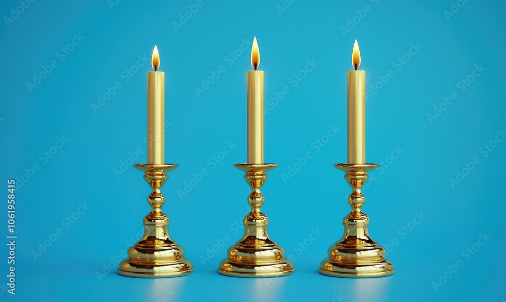 Elegant golden candlesticks with burning candles against a vibrant blue background, adding warmth and charm to any setting. Elegant golden candlesticks with burning candles against a vibrant blue background, adding warmth and charm to any setting.